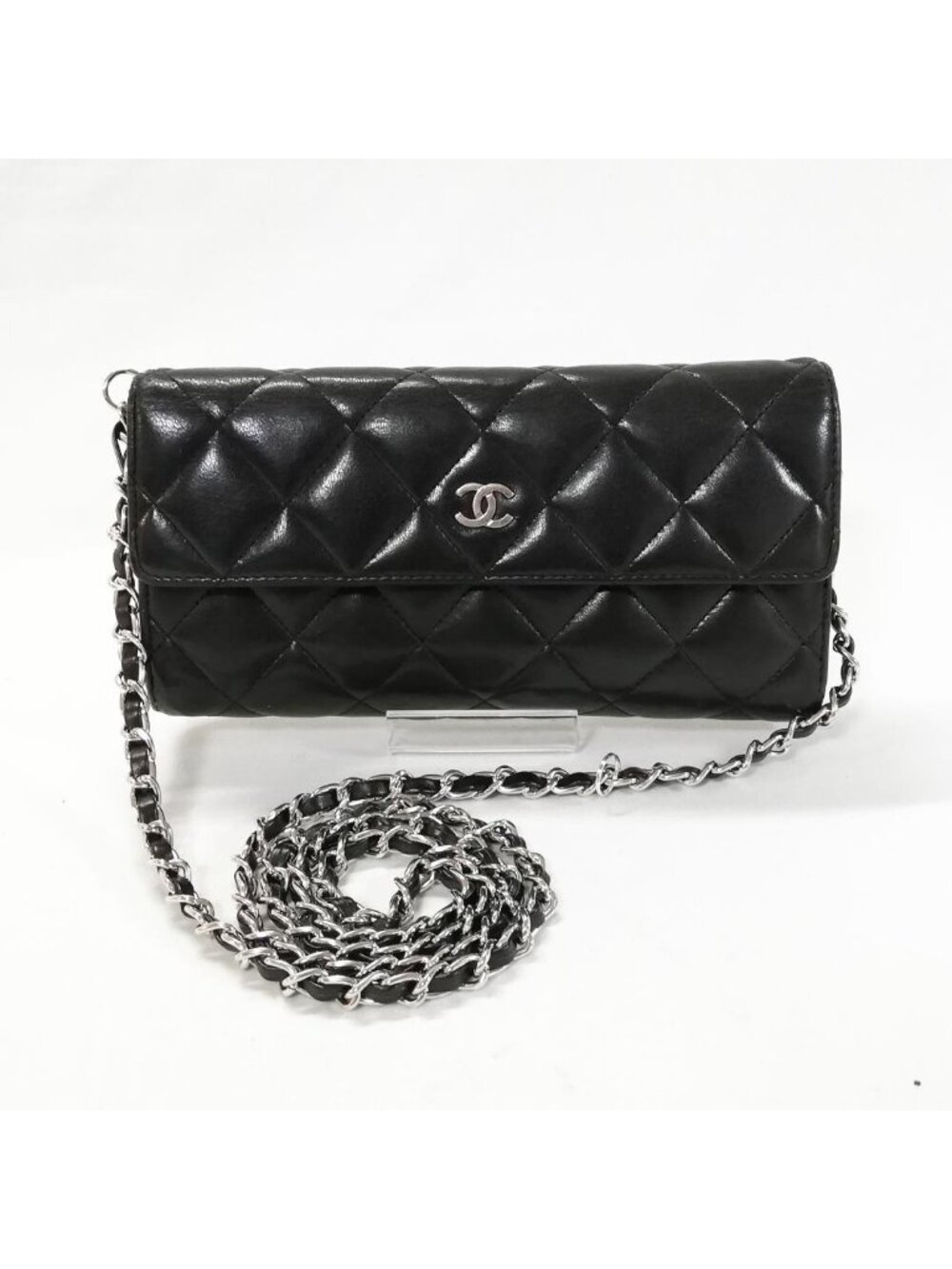 Chanel Lambskin Quilted Wallet Black Silver